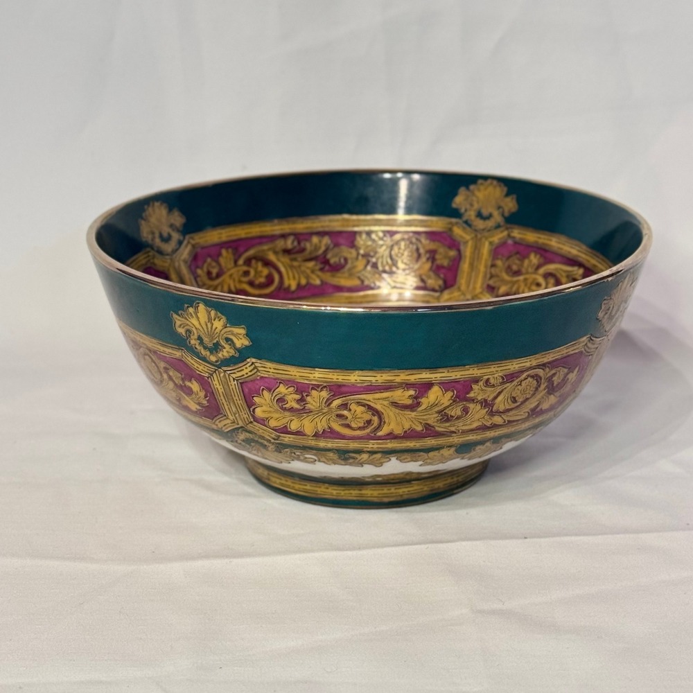 Vintage Andrea by Sadek Porcelain Bowl Neoclassical Green Magenta Gold Gilt 8"